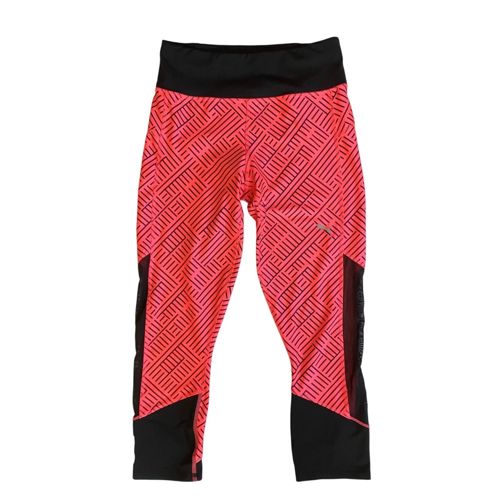 Puma DryCell Women Small Coral Black Geometric Print Mesh Crop Athletic Leggings